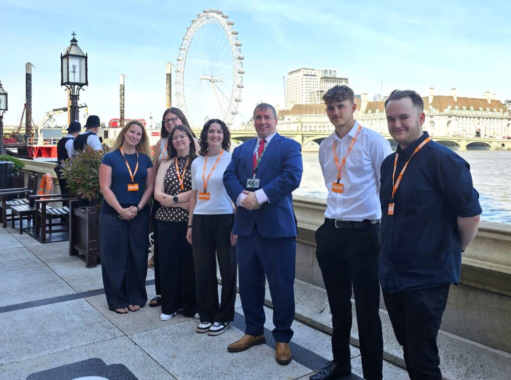 Pictured at the Houses of Parliament are, from left, Sally Slater, Ellie Thompson, Meredith Davis, Emily Hill, Steve Witherden MP, Sam Watkins and Mathew Kenney.