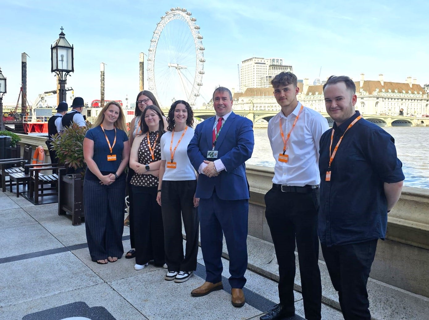 Pictured at the Houses of Parliament are, from left, Sally Slater, Ellie Thompson, Meredith Davis, Emily Hill, Steve Witherden MP, Sam Watkins and Mathew Kenney.