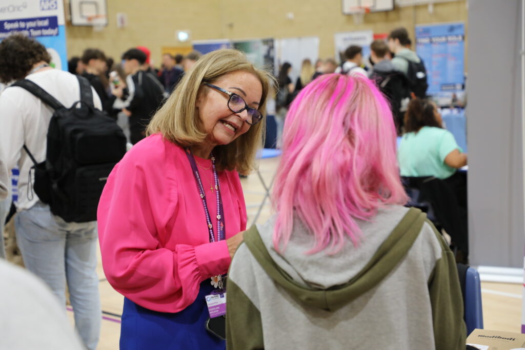 BeSafe Manager Caroline Welson speaks to a student at Telford College Freshers Fayre