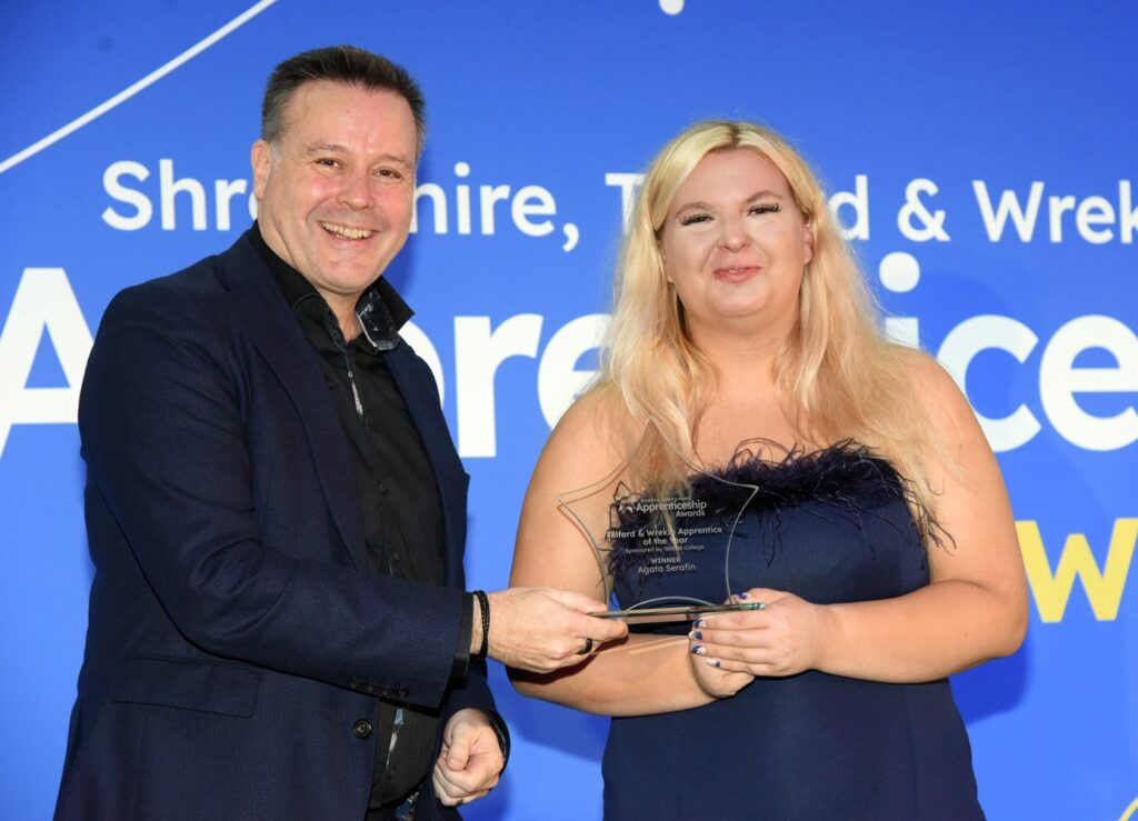Agata Serafin is crowned Telford & Wrekin Apprentice of the Year by Lawrence Wood of Telford College