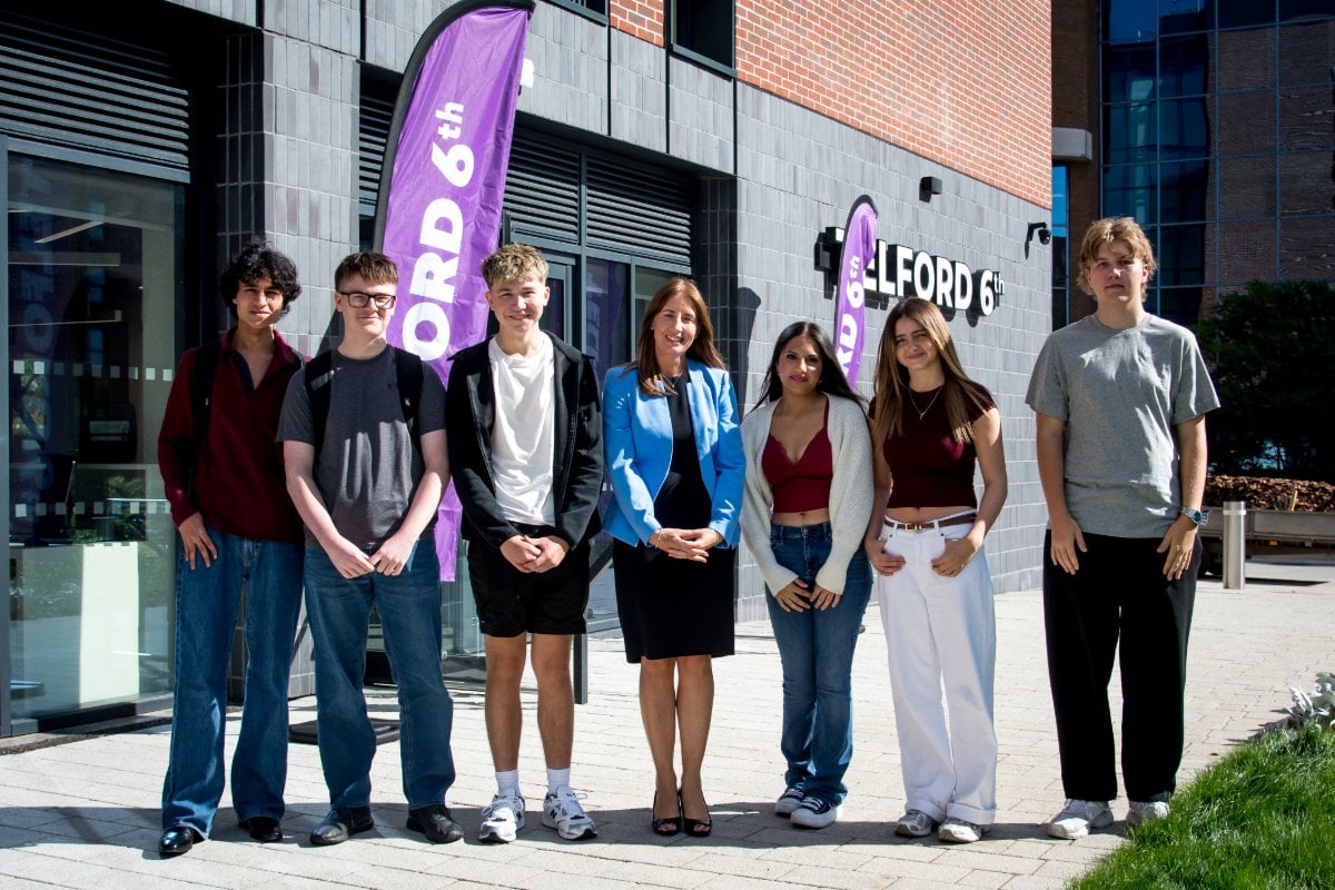 Alex Pal, Adam Jones, Jamie Suggett, Telford 6th Vice Principal Clare Snik, Zunairah Altaf, Amy Stephens and Jack Holmes Medicott